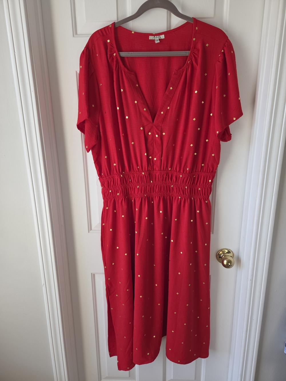 Midi V-Neck Red Dress with Gold Dot Accents & POCKETS Sz 1x NWOT